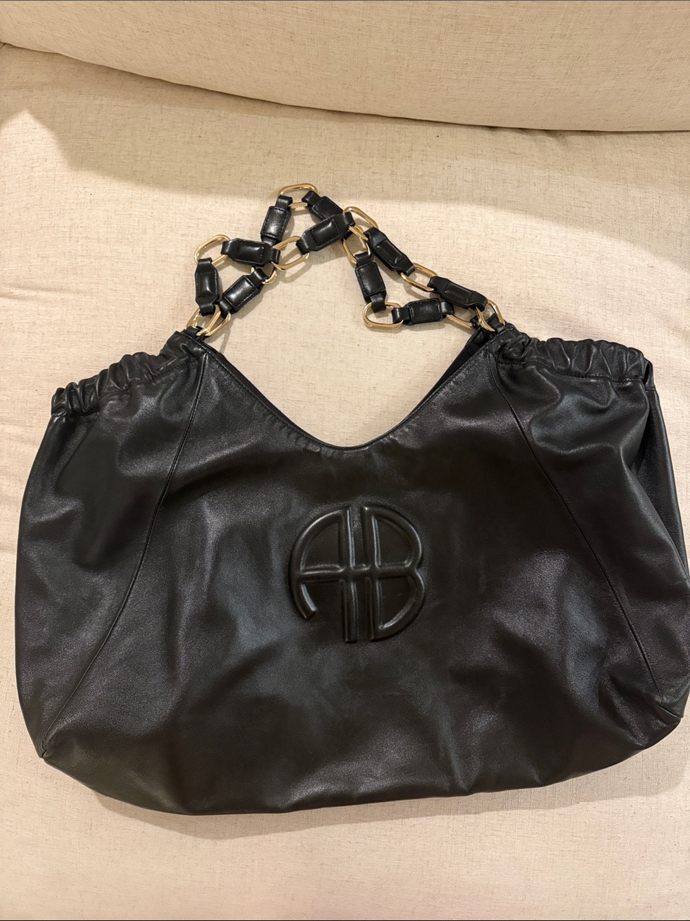 Like New Anine Bing Black Leather Shoulder Bag with Gold-Trim Chain
